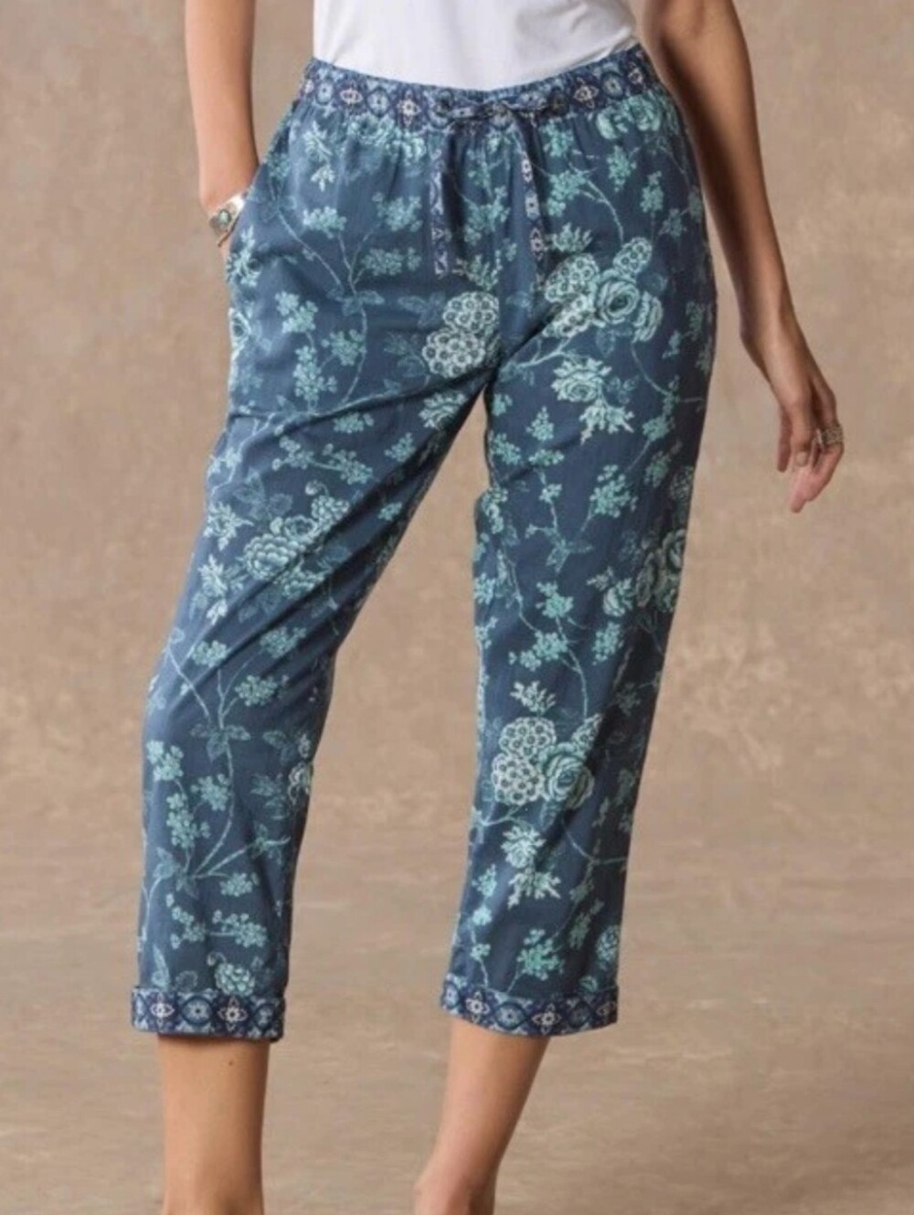Sundance 100% Cotton Blue Floral Print Crop Pants Summer Vacay Resortwear Boho L
